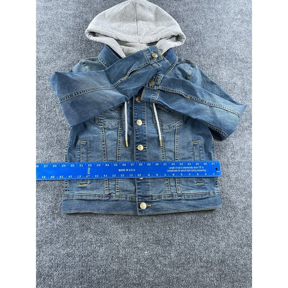 True Religion Mens Medium Blue Denim Hooded Trucker Jacket Jersey Hood Wash